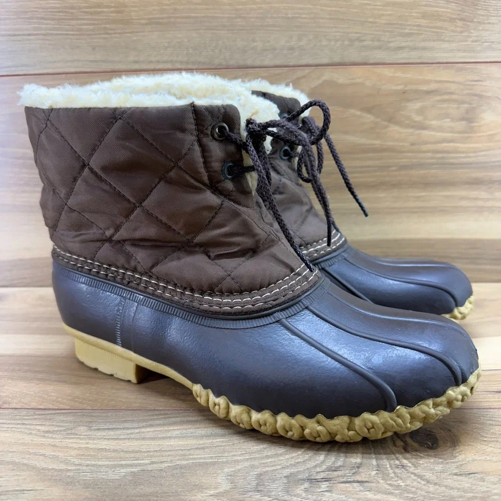 LL Bean Quilted Nylon Ankle Duck Boots Womens 9 M Brown Shearling Lined Fall